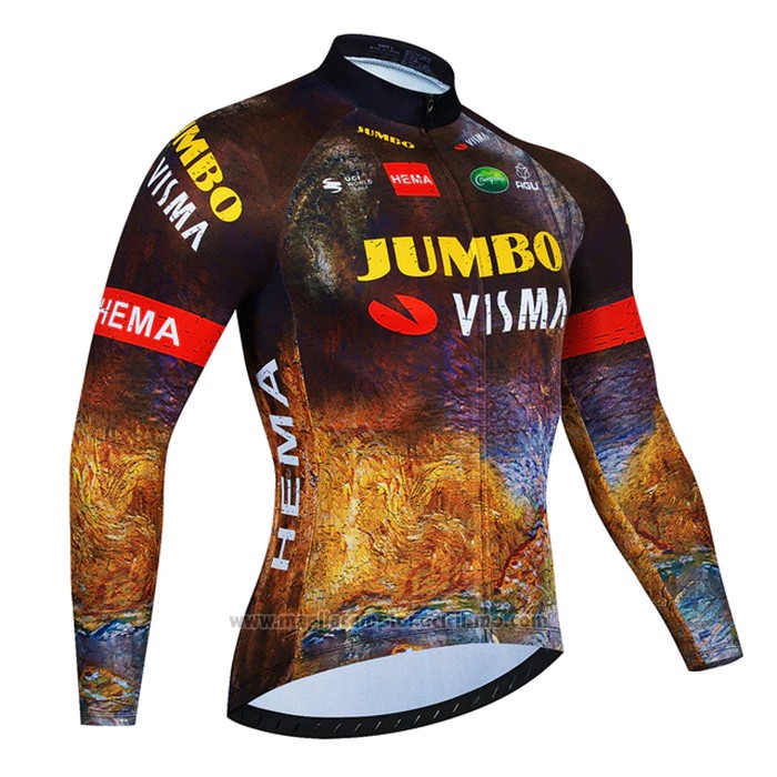 2022 Abbigliamento Ciclismo Jumbo Visma Nero Arancione Manica Lunga e Salopette